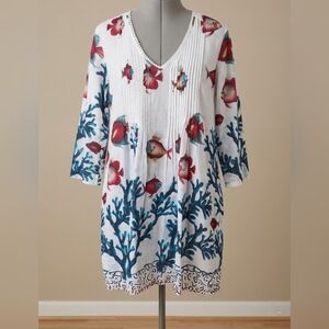 Soft Surroundings Seychelles Tunic Dress 2X Fish Coral Cotton Beach CoverUp Boho